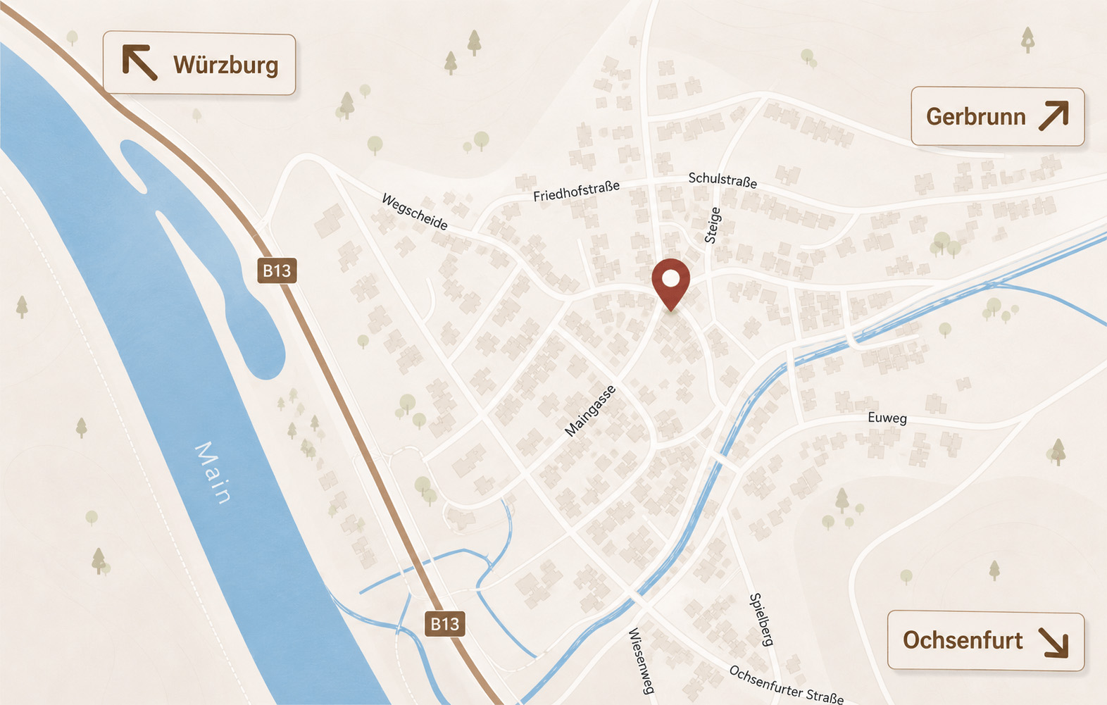 Karte mit Standort des Weinhaus Ewig Leben in Randersacker sowie Richtungen nach Würzburg, Gerbrunn und Ochsenfurt