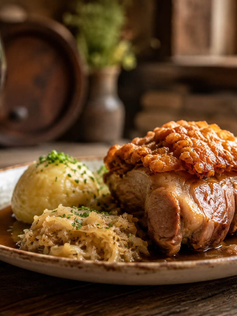 Fränkisches Schäufele mit knuspriger Kruste, Kartoffelkloß und Sauerkraut auf einem Teller bei ewig leben im schönen Ambiente